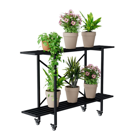 Zhongma 2 Tier Window Height Metal Sturdy Narrow Plant Stand with Wheels, Plant Stand Indoor and Outdoor, L45.67 x W10.3 x H29.9 inch, 440 LBS Capacity & Heavy Duty Construction.
