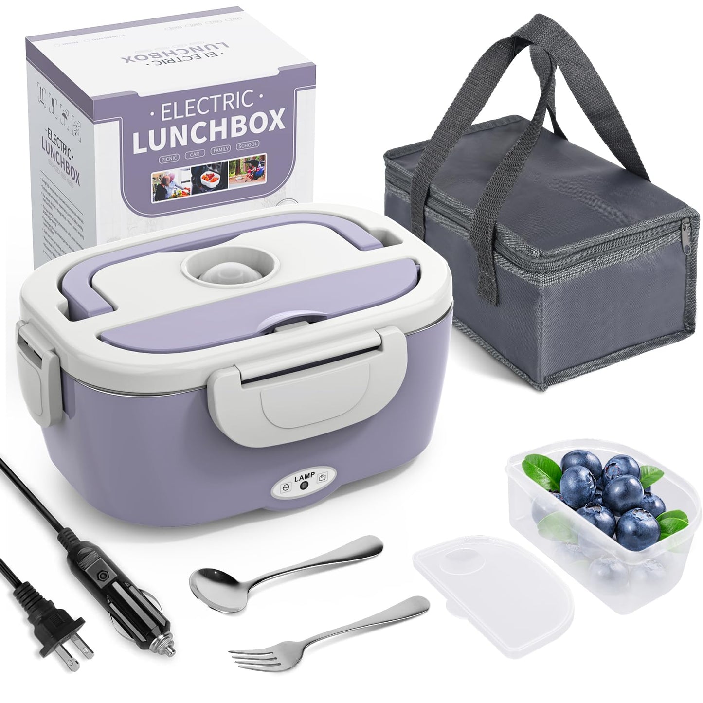 Electric Lunch Box Food Heater, 3 in 1 Ultra Quick Heated Lunch Boxes for Adults, 12V/24V/110V Portable Food Warmer for Car/Truck/Office With Fork Spoon and Insulated Carry Bag
