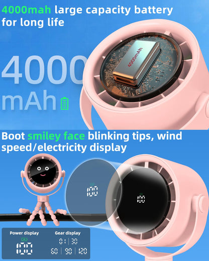 Akejrym Stroller Fan Portable, Personal Fan for Travel, Air Turbo Tech & Digital display, Detachable 5 Speeds Rechargeable 360° Rotate Flexible Tripod, For Home Office Stroller (Pink)