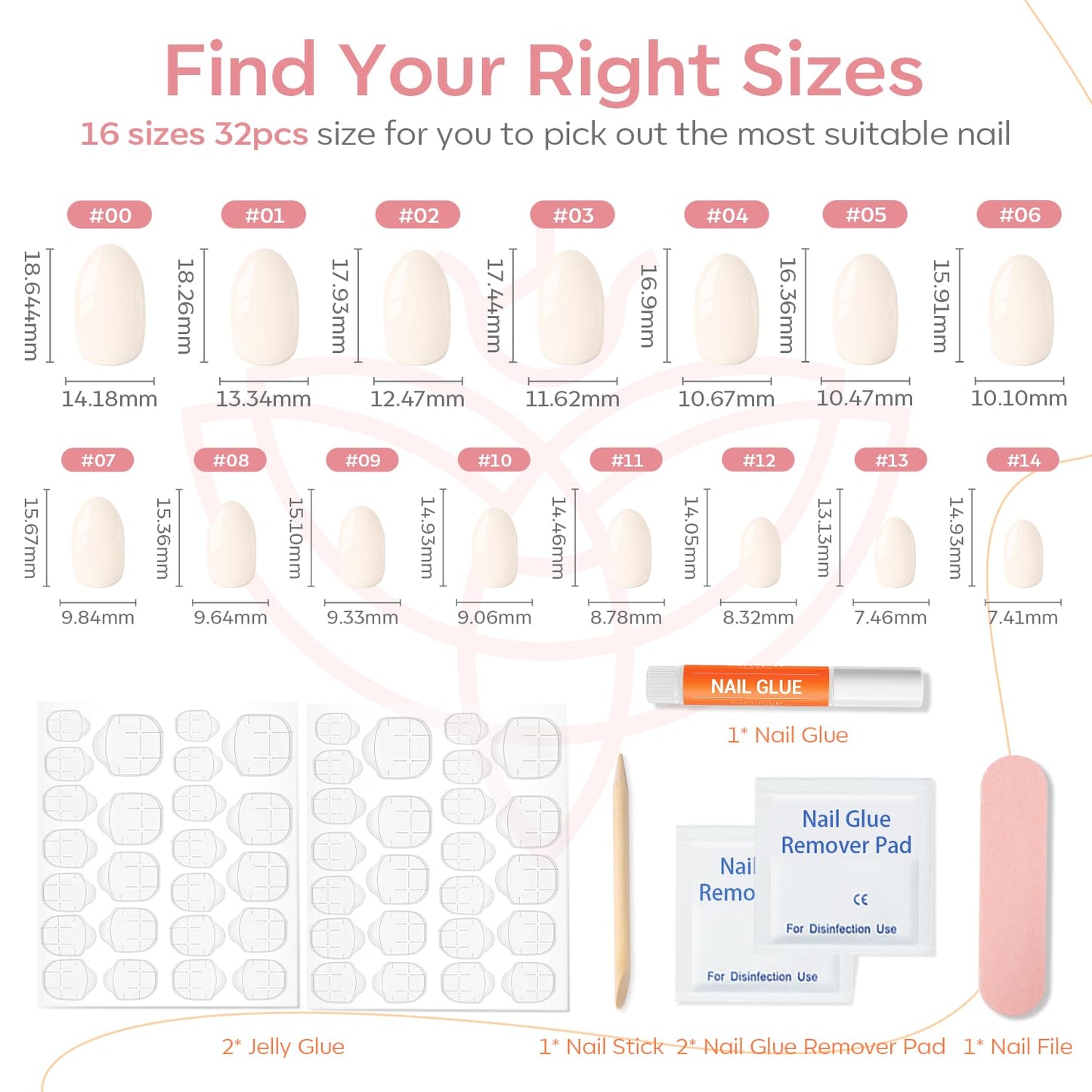 modelones Pink Short Press on Nails, Fall Halloween Oval Fake Nails Kit Press Ons with Nail Glue, Adhesive Tabs, Nail File, Prep Pad, Manicure Stick, 32Pcs 16 Sizes