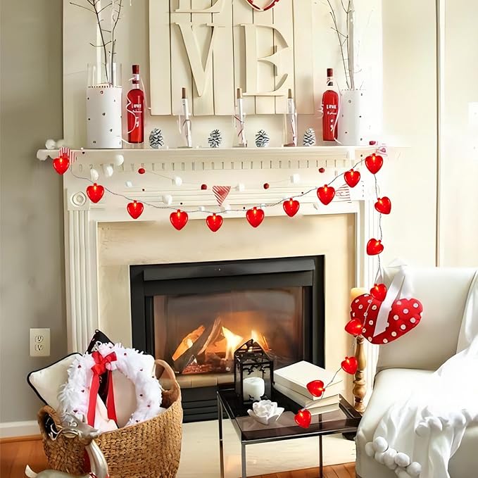 Red Heart Lights, 8.5Ft Valentine's Day Lights with 10 Red Glitter Hearts, Plug-In String for Indoor Party Decor