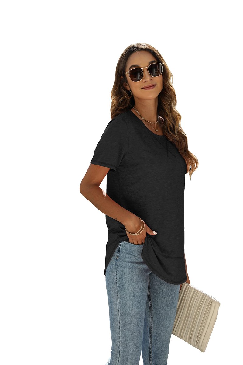 Summer Tops for Women Short Sleeve Fit Shirts Curved Hem Tunic Black L