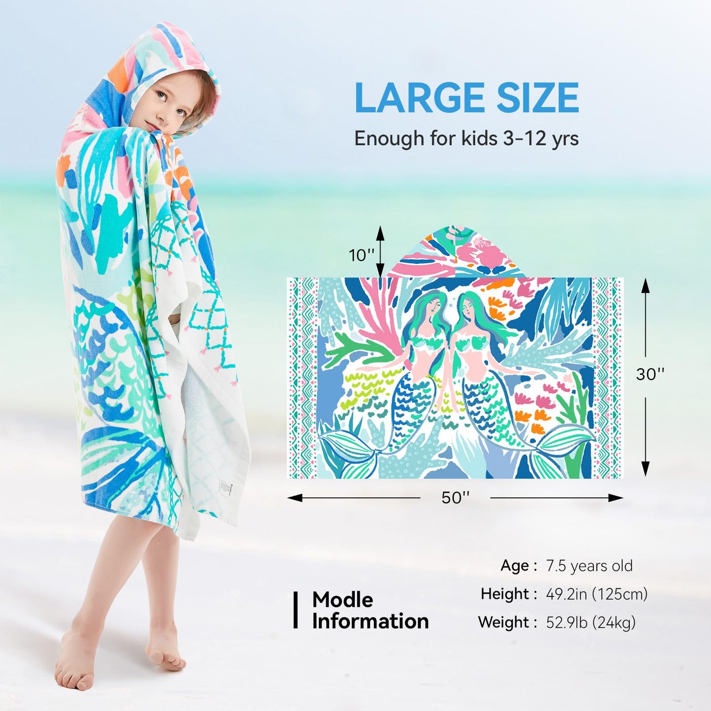 Girls' Hooded Bath Towel, Oversized 50" L x 30" W for Ages 3 to 12 Kids, Quick Dry Lightweight Soft Microfiber Hood Beach Towel Cover Up, Sunshine Unicorn Theme