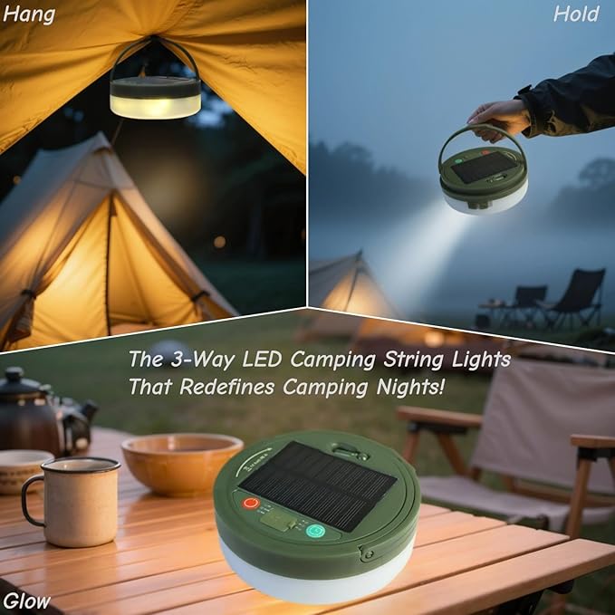 Camping String Lights Solar USB Rechargeable, Retractable String Lights Camping 4 in 1 Led Roll Up Waterproof Outdoor Hanging Fairy Lights 33FT with 8 Modes for Tent Garden Party Festival