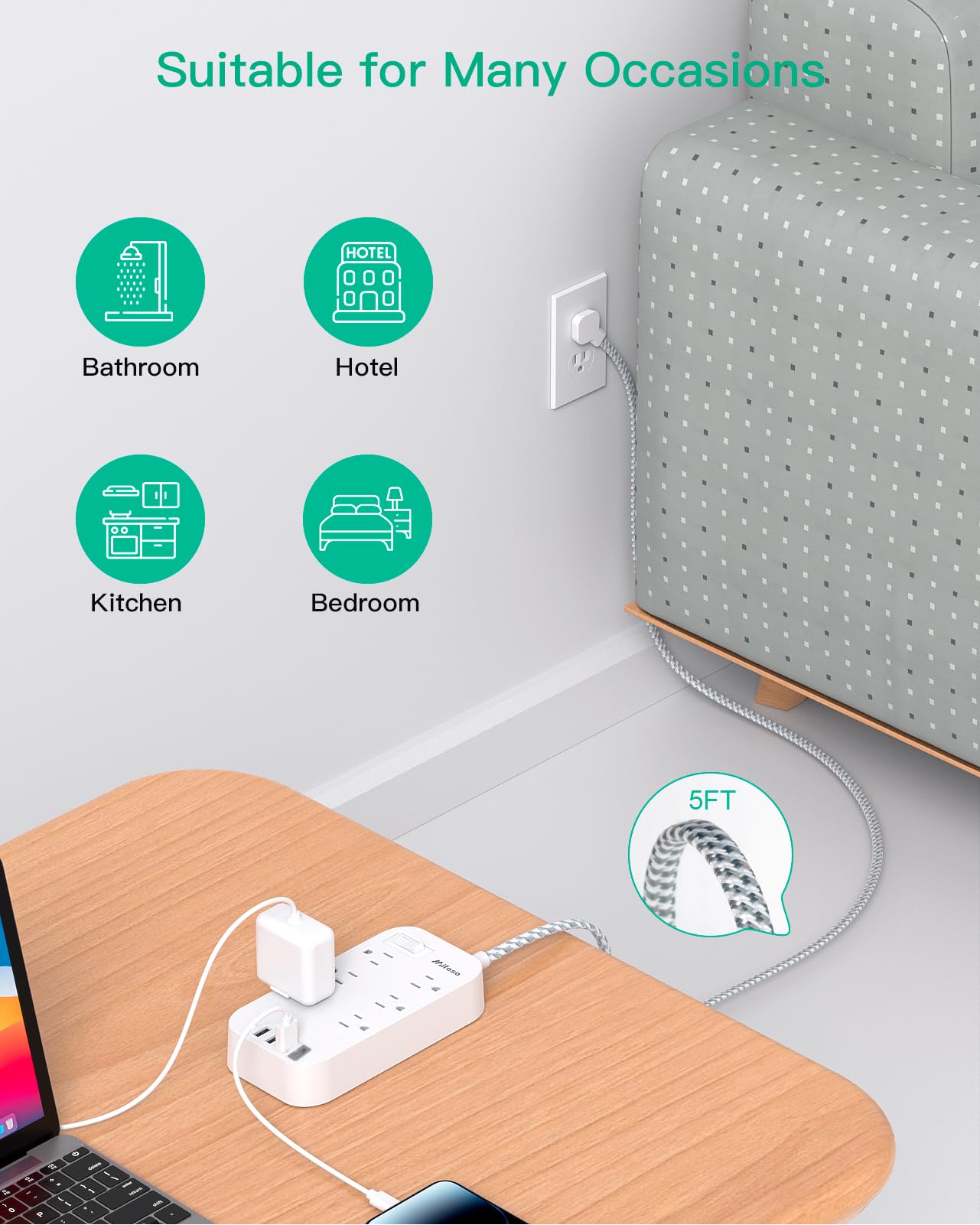 Power Strip - 10 FT Long Flat Plug Extension Cord, 6 Outlets 2 USB A 2 USB C Ports Outlet Extender with Overload Protection, Wall Mount, Desktop Charging Station for Home, Office and Dorm Essential