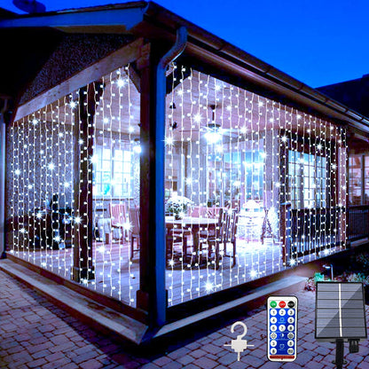 Whywhife Solar Curtain Lights Outdoor Garden 300 LED Fairy String Lights 8 Modes Remote Control Waterproof Waterfall Lights for Gazebo Patio Home Festival Wedding Wall Christmas Decorations(White)