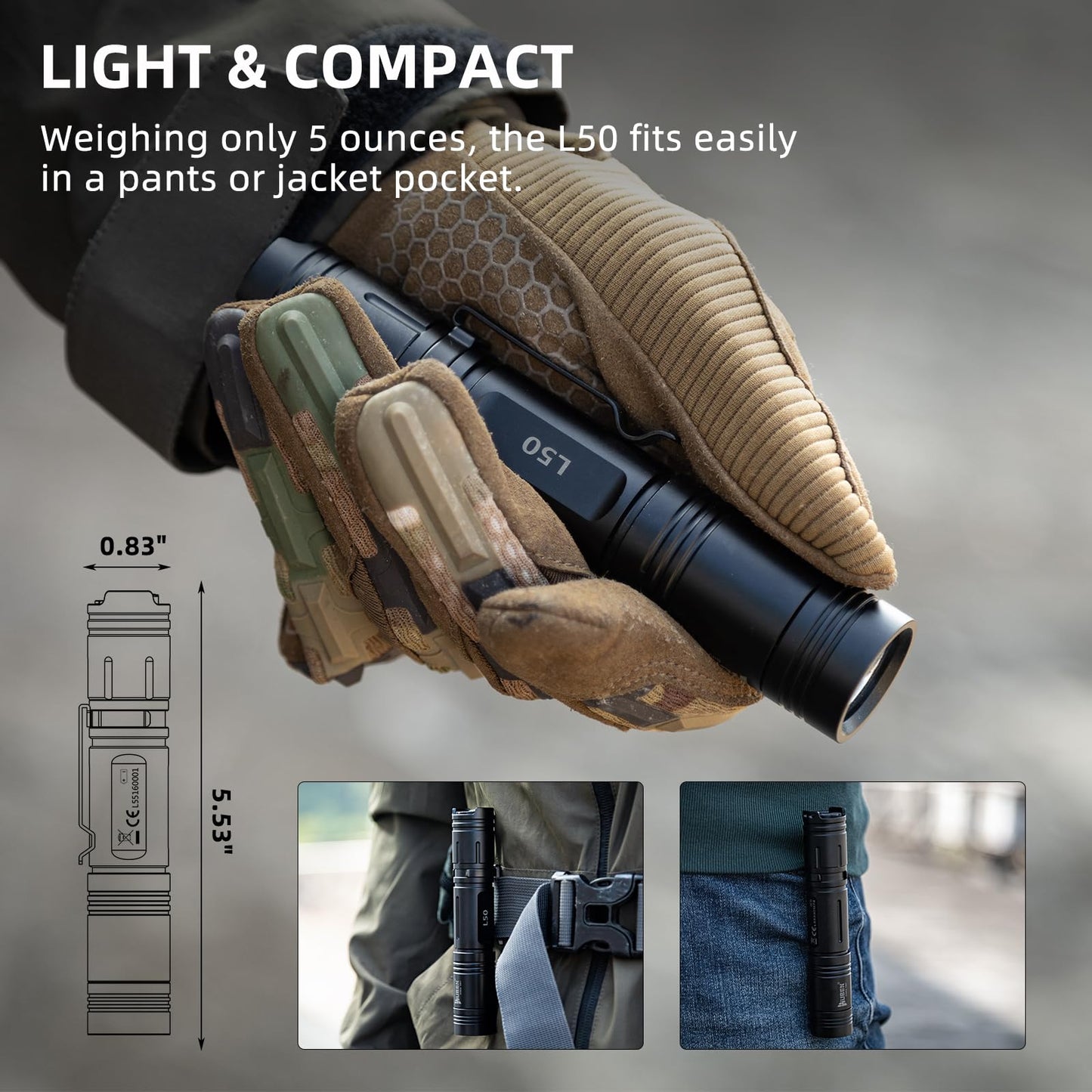 WUBEN L50 Flashlight 1200 High Lumens Tactical Flashlight Pocket Rechargeable Flashlight IP68 with 5 Mode Flash Light, LED Tail Switch Flashlight for Emergencie Camping Home Inspection Repair