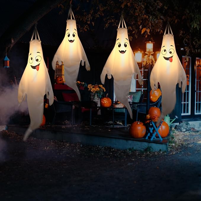 Halloween-Decorations-Outdoor Hanging-Ghost Windsocks for Trees with Timer, LED Ghosts to Hang in Tree Porch Yard, Waterproof, Timer, 4 Pcs (No Batteries)