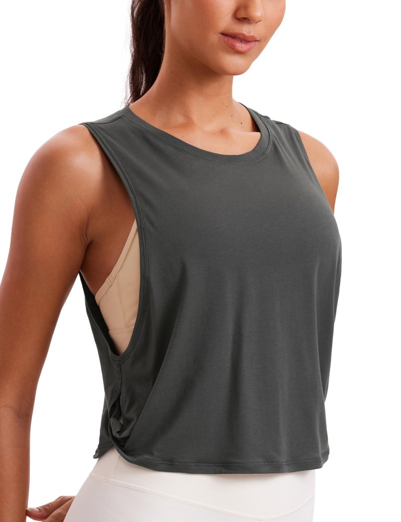 CRZ YOGA Pima Cotton Large Armhole Tank Tops for Women - Workout Sport Athletic Yoga Running Gym Loose Crop Sleeveless Shirts Grey Olive Large
