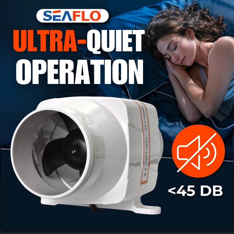 SEAFLO 3" In-Line Marine Bilge Air Blower - 12V, 130 CFM, 2.5A Max Draw, 4-Blade Fan, Ultra-Quiet Operation, White, 3 Inch for Yacht/Sailboat/Boat - ISO 8846, CE & RoHS Certified - 4-Year Warranty