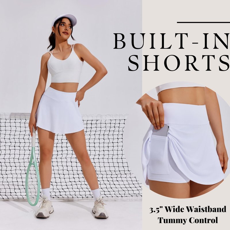 PINSPARK Tennis Skirts for Women Pleated High Waist Skirts Quick Dry Golf Skirts Skorts Workout Outfits,White Small