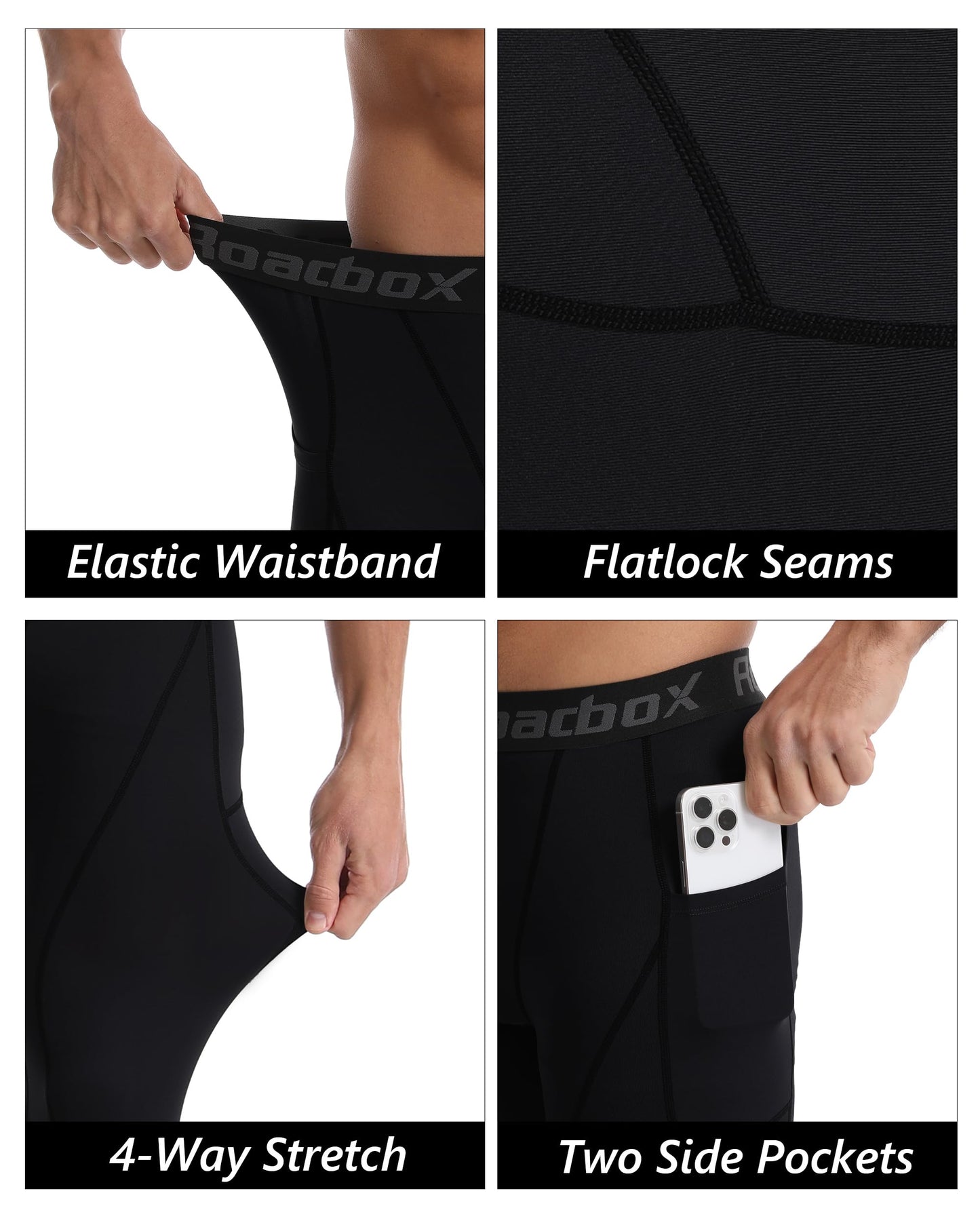 Roadbox Compression Pants Men, Running Workout Leggings with Pockets, Gym Basketball Athletic Tights Base Layer Black