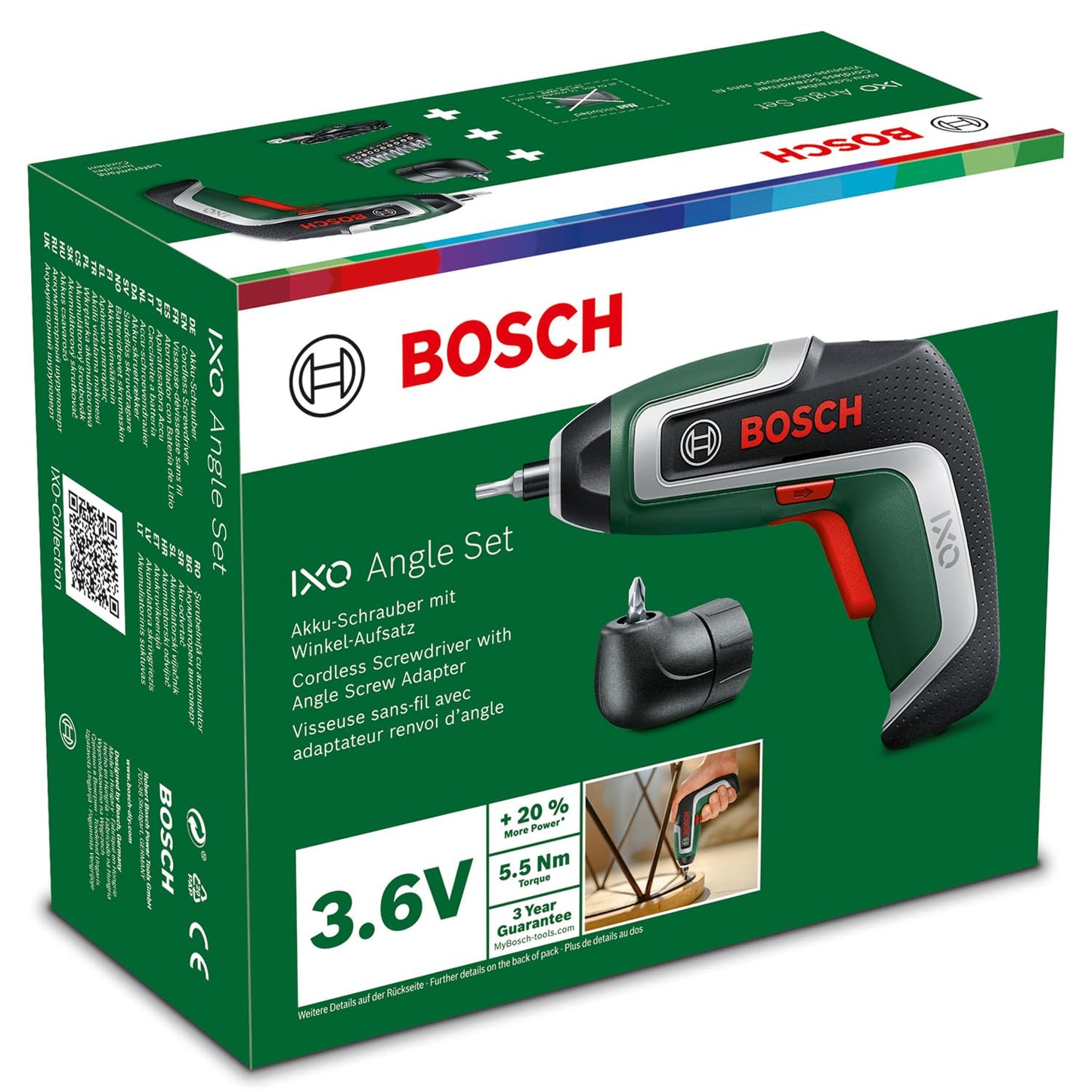 Bosch IXO Cordless Screwdriver (7th Generation, 3.6V, 2.0Ah, 5.5Nm, with Micro USB Cable, Includes Angle Attachment, Screws up to 190 Screws, in Box) - Amazon Edition