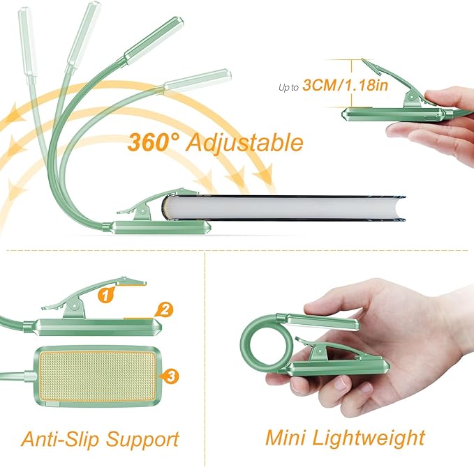 Gritin 9 LED Rechargeable Book Light for Reading in Bed - Eye Caring 3 Color Temperatures,Stepless Dimming Brightness,80 Hrs Runtime Small Lightweight Clip On Book Reading Light -Cyan