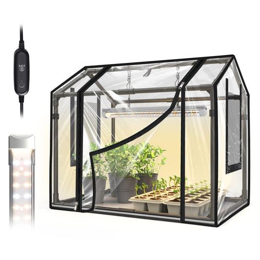 Bstrip Indoor Greenhouse with Grow Light, Mini EVA Tent with PET Base Mat, Ventilation Windows & Zippered Door, 18W Tabletop Greenhouse Light for Seed Starting with Timer, 23.8" x 15.7" x 20.5"