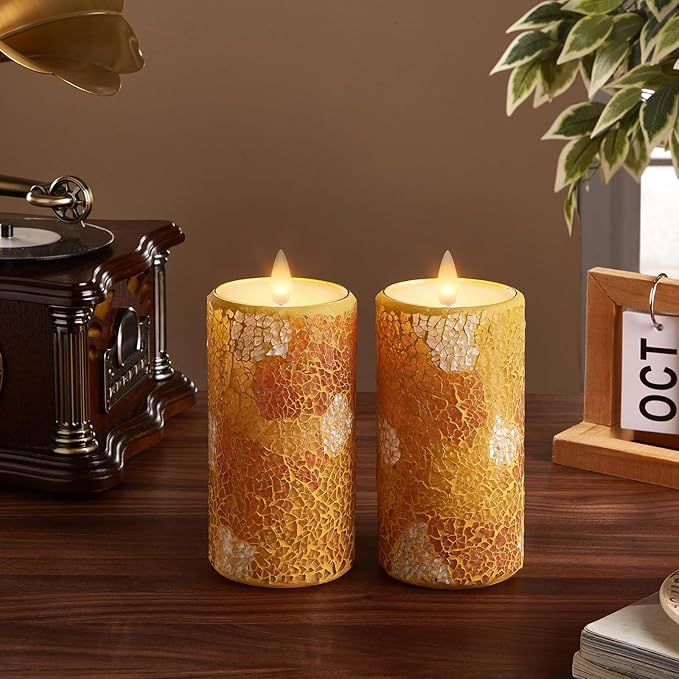 Mosaic Glass Flameless Candles with Remote Timer - 3D Moving Flickering LED, Remote Timer & Battery Operated, Real Wax Interior for Home/Christmas Decor(Yellow Cracked Glass)