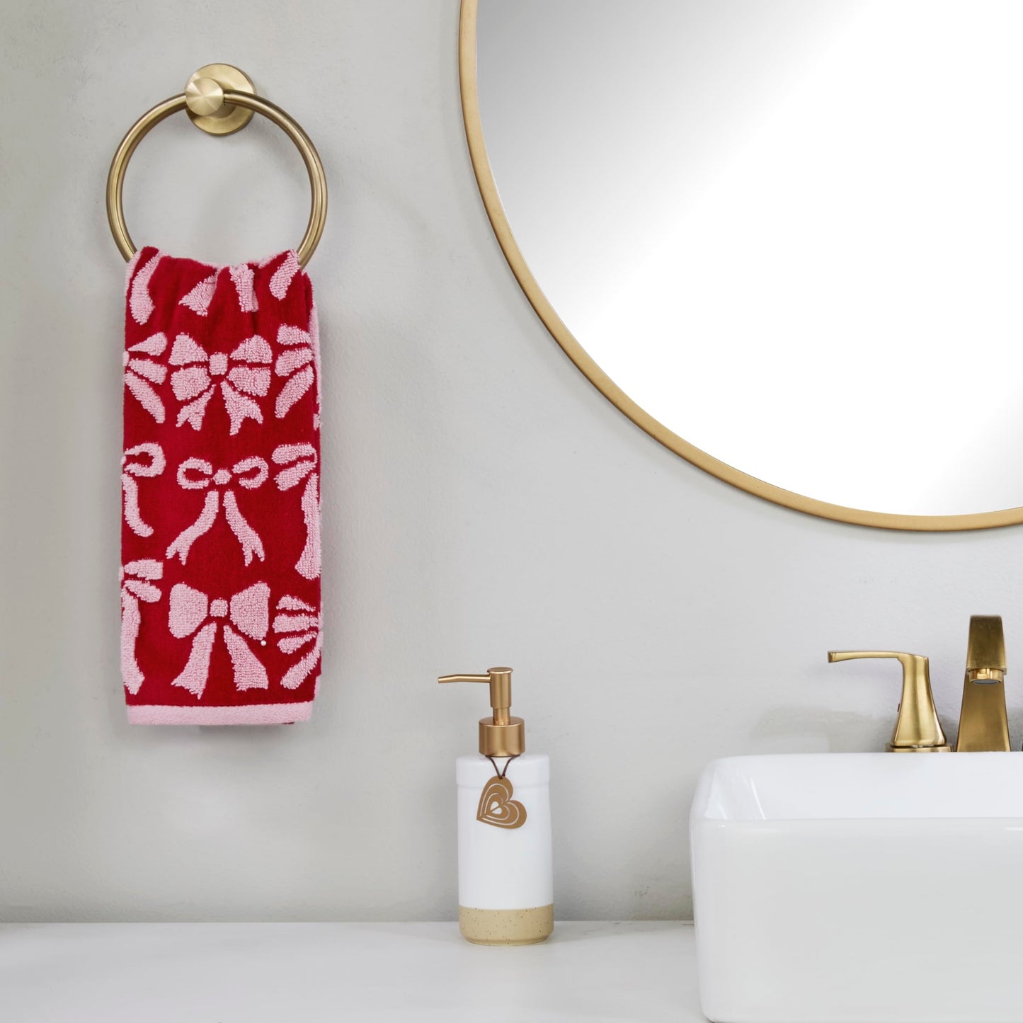 SKL Home Bow Jacquard 100% Cotton Premium 2-Piece Hand Towel Set, 500 GSM, Reversible, Soft & Absorbent, Everyday/Christmas/Winter/Valentine's, Decorative for Bath/Kitchen/Bar, Red/Pink