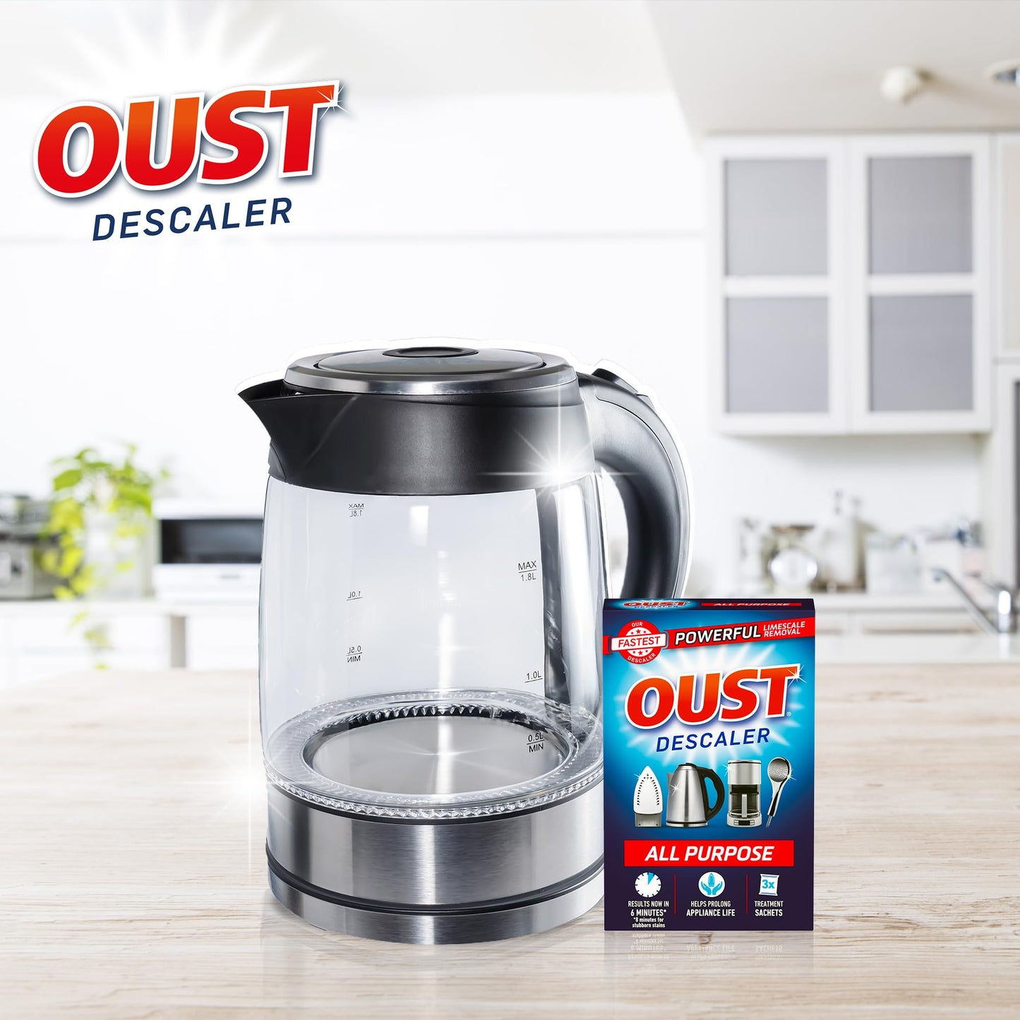 Oust Powerful All Purpose Descaler, New Formula, Limescale Remover – Ideal for Kettles, Coffee Machines, Irons and Shower Heads, 3 Sachets x 6 (18 Sachets Total)