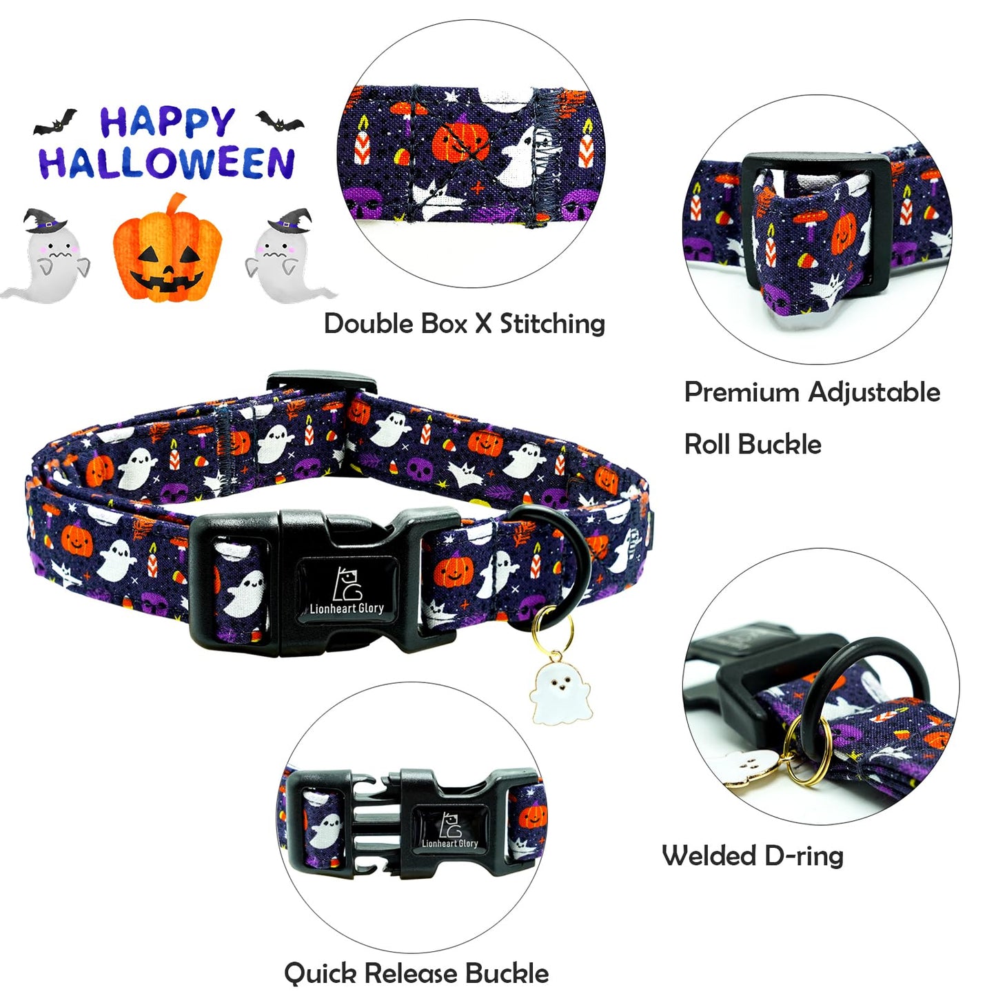 Lionheart glory Dog Collars Fall Halloween Pumpkin Collar Dog Heavy Comfortable Adjustable Dog Collar for Large Dogs, Ghost, Pumpkin