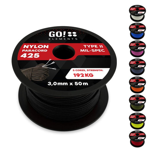GO!elements Paracord 425 lb Type II (192kg) Ø 3mm, Nylon Rope, para Cord, Tactical Heavy Duty Paracord Rope, Thick Parachute Cord for Survival & Camping