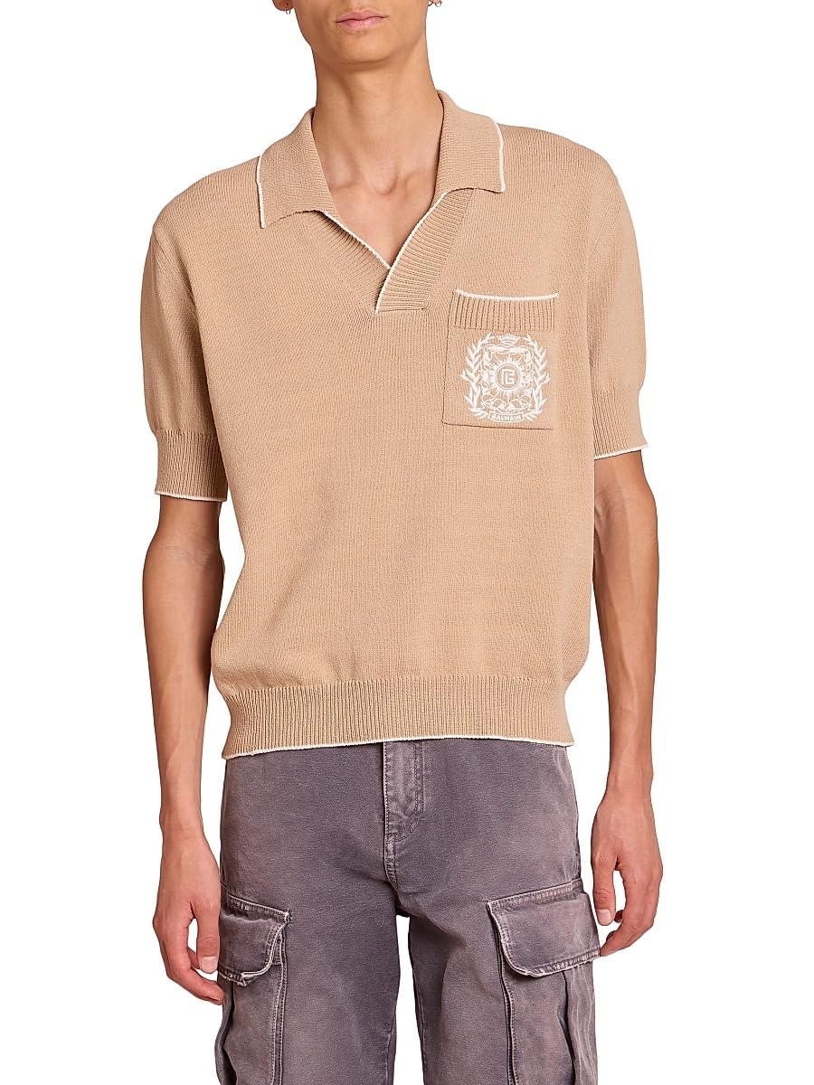 Balmain, Emblem Cotton-Blend Polo Shirt, Medium, Beige Natural