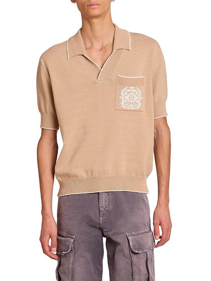 Balmain, Emblem Cotton-Blend Polo Shirt, Medium, Beige Natural