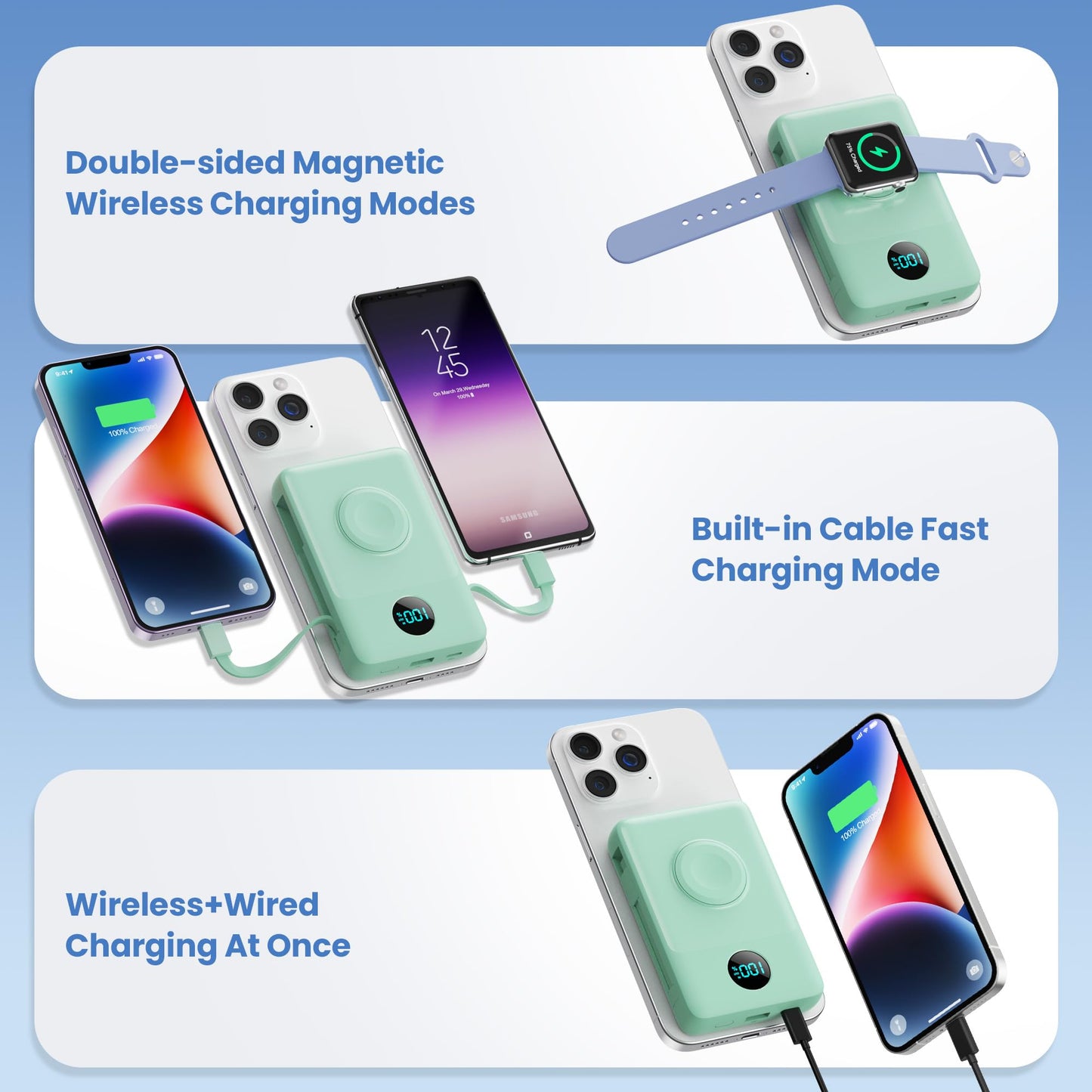 Magnetic Portable Charger 10800mAh for iPhone with Built-in Cables, 6-in-1 Wireless Power Bank with iWatch Charger, LCD Display 25W PD Fast Charging Battery Pack for iPhone 16/15/14/13/12, Apple Watch