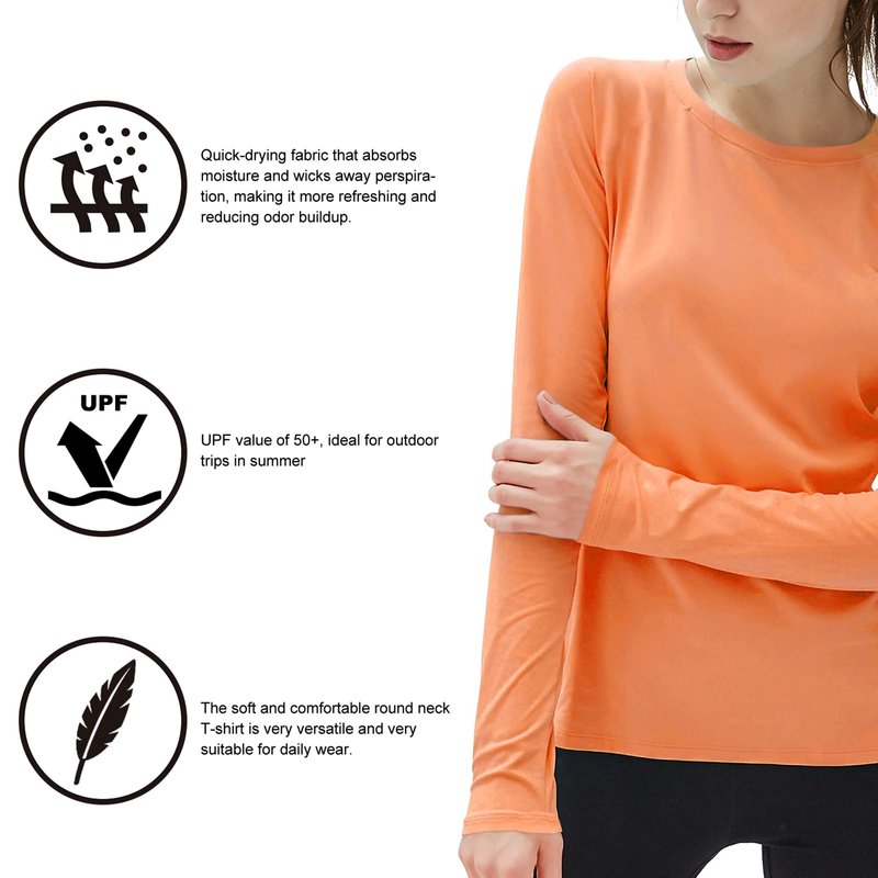 isnowood Womens Long Sleeve Rash Guard, UV UPF 50+ Sun Protection Shirts, Quick Dry Lightweight Tops for Swimming Workout Hiking Running Orange