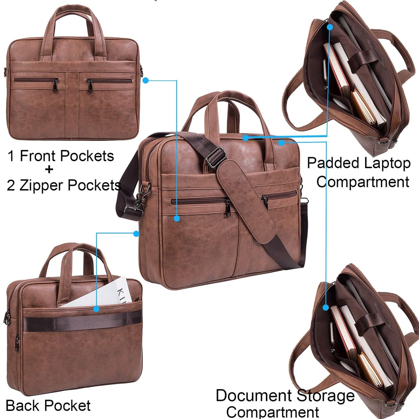seyfocnia Men's Business Travel Briefcase Leather Messenger Bags Laptop Bag 17.3 inch Work Computer Bag Satchel Bag (Brown)