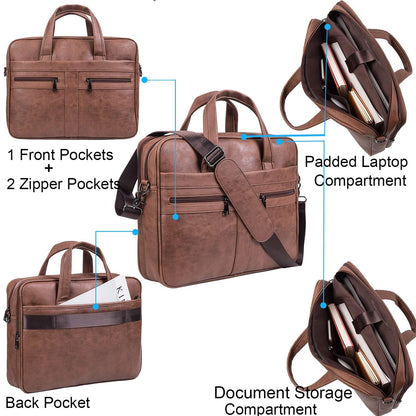 seyfocnia Men's Business Travel Briefcase Leather Messenger Bags Laptop Bag 17.3 inch Work Computer Bag Satchel Bag (Brown)