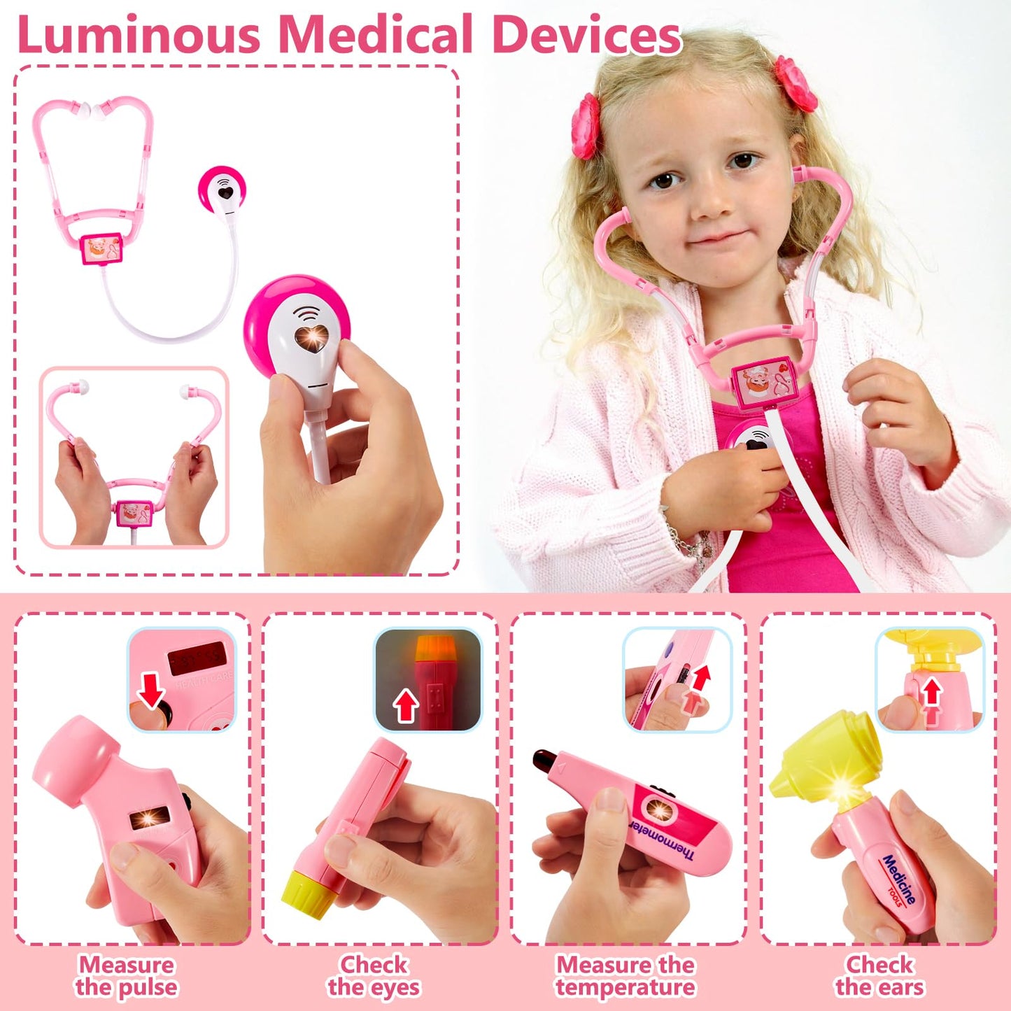HERSITY Kids Doctors Kit Toy Medical Playset Nurses Costume Role Play Dentist Set with Carry Case Gifts for 3 4 5 6 Years Old Girls