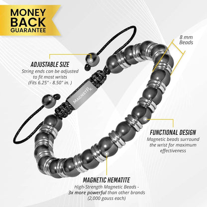 MagnetRX® Magnetic Hematite Bracelet – MAX Strength Magnetic Stones – Beaded Magnetic Bracelets for Men and Women (Silver Titan 8mm Bead)