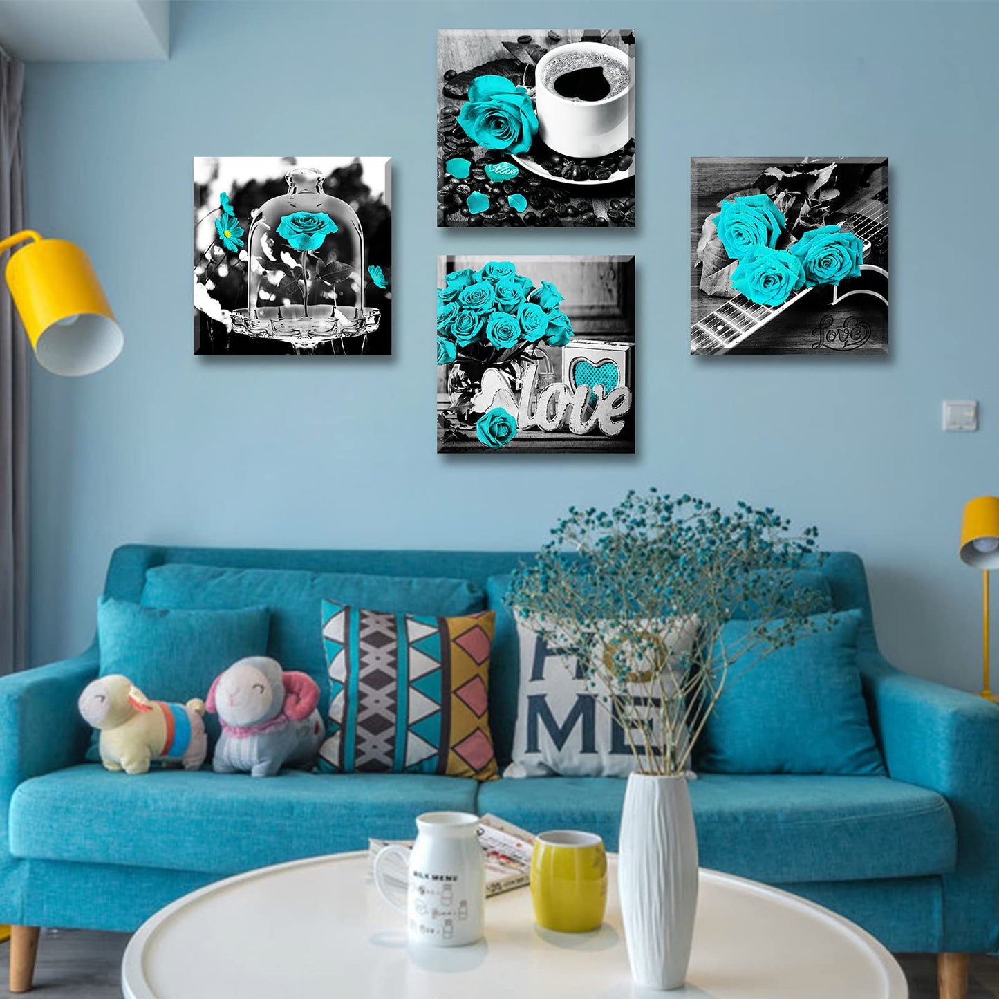 Teal Rose Wall Art Bedroom Decor Canvas Print Turquoise Flowers Pictures for Living Room Kitchen Accessories Artwork Framed 12" W x 12" H 4 Pieces