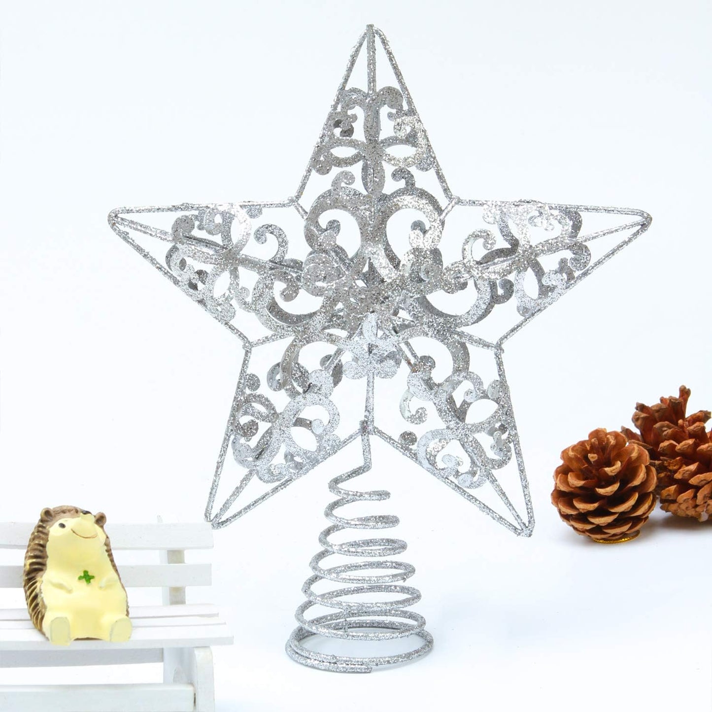 Aneco 10 Inches Christmas Treetop Star Metal Glittered Christmas Tree Topper Xmas Tree Decoration Topper for Christmas Holiday Home Office School Mall Decor, Silver