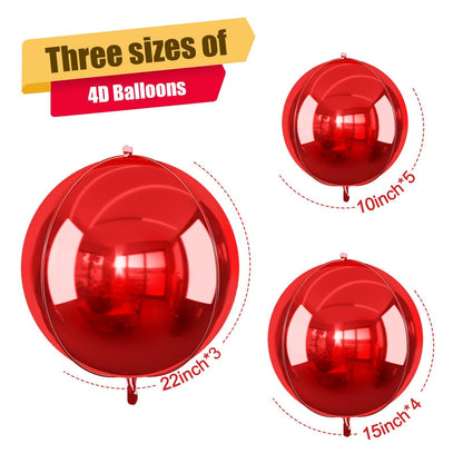12Pcs Red Round Foil Balloons, 22" 15" 10" 4D Ball Balloons, Metallic Red Foil Balloon for Wedding Birthday Graduation Christmas New Year Party Decoration Supplies Backdrops