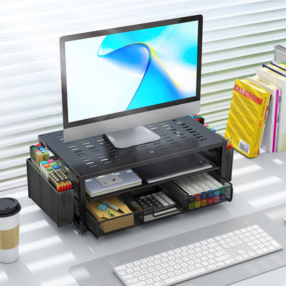 gianotter Desk Organizers and Accessories, Monitor Stand with Drawer and 2 Pen Holder, Desktop Organizer Suitable for Offices and Dormitories(Black)