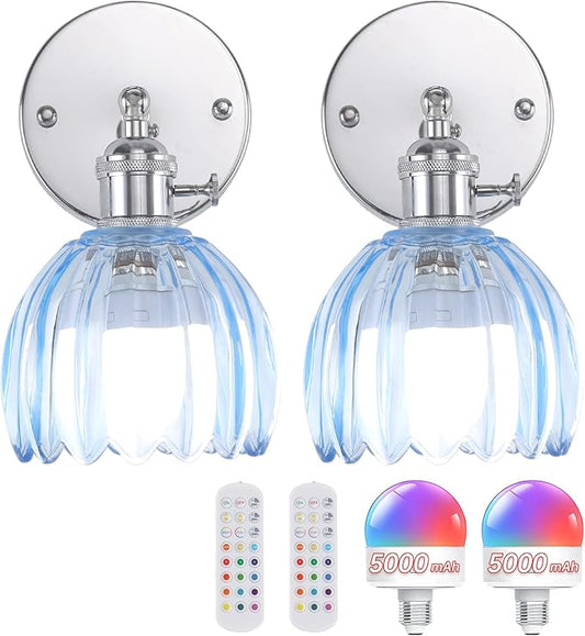 Vintage 5000 mAh Battery Operated Wall Sconce with Clear Light Blue Tulip Glass Lampshade Rechargeable Battery Powered Wall Light with Remote Control for Bedroom Doorway, Set of 2