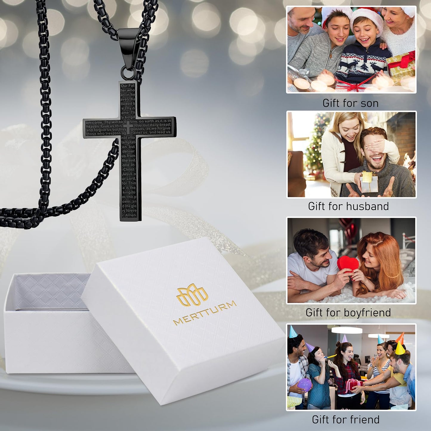 MERTTURM Stainless Steel Cross Necklace for Men, Cross Pendant Necklace with Chain 60cm, Silver/Gold/Black Necklace, Gift for Birthday/Christmas/Easter/Thanksgiving Day(lightfast & sweatproof)