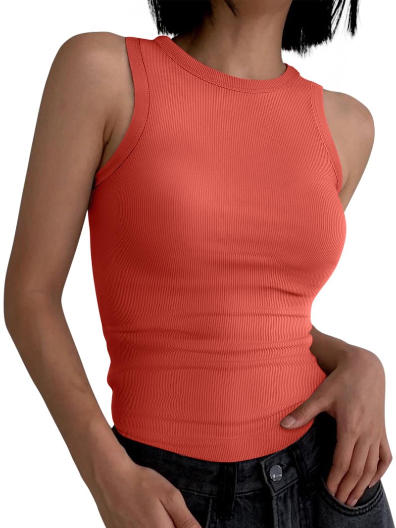 ANRABESS Womens Sleeveless High Neck Tank Tops Fashion Summer Casual Basic Slim Fit Ribbed Racerback Top Shirt Clothes Orange Red Small