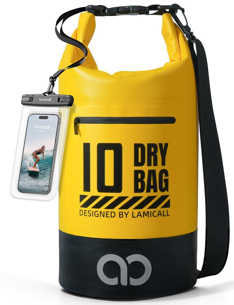 Lamicall Waterproof Dry Bag with Phone Pouch - 5L/10L/20L/30L/40L Floating Roll Top Backpack for Kayaking Boating Beach Camping Fishing - Heavy Duty 500D PVC Marine Dry Sack for Men,Women, Yellow 10L