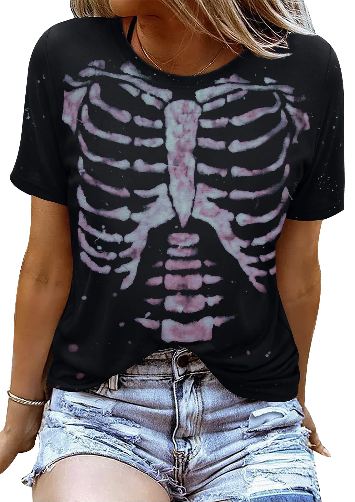 Skeleton Shirts Women Halloween Vintage Skeleton Graphic T Shirts Tops Casual Horror Shirts D Black