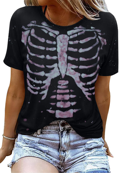 Skeleton Shirts Women Halloween Vintage Skeleton Graphic T Shirts Tops Casual Horror Shirts D Black