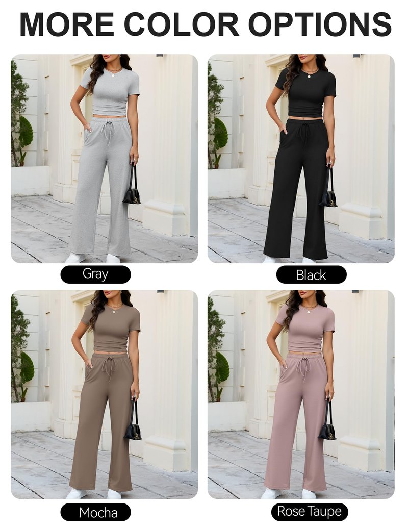 GraceSelect 2 Piece Lounge Set for Women Summer, Slim Short Sleeve Top Wide Leg Pants Workout Matching Outfit