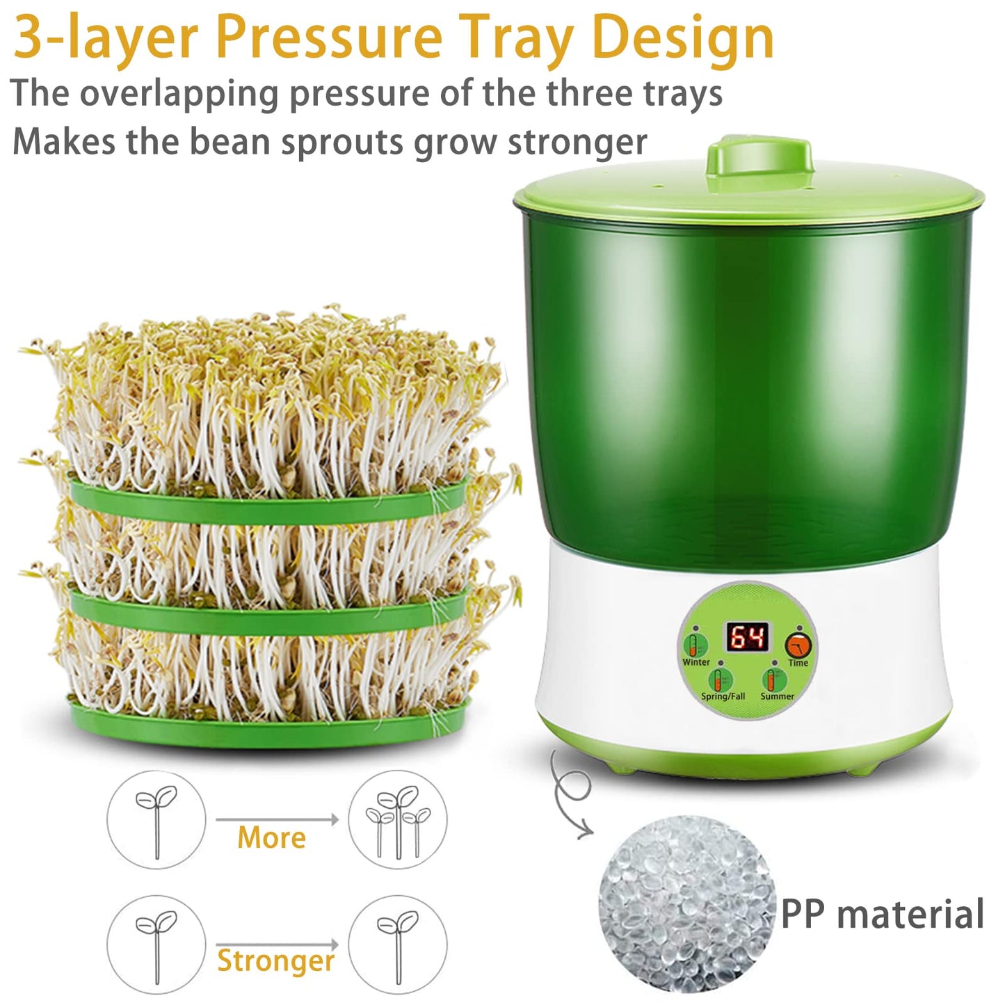 Bean Sprouts Machine, Seed Sprouter Kits, LED Display Time, Intelligent Automatic Bean Sprouts Maker, 3 Layers Function Large Capacity Seed Grow, Also for Radish, Alfalfa, Wheatgrass, Broccoli Sprouts