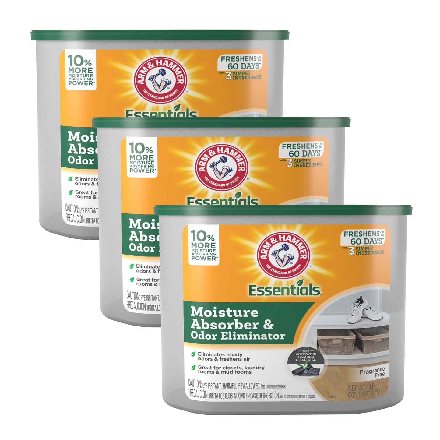 Arm & Hammer Essentials Disposable Moisture Absorber and Odor Eliminator Tub, Fragrance Free, 1 lb., Attracts and Traps Excess Moisture, Ideal Closet Dehumidifier (Pack of 3)