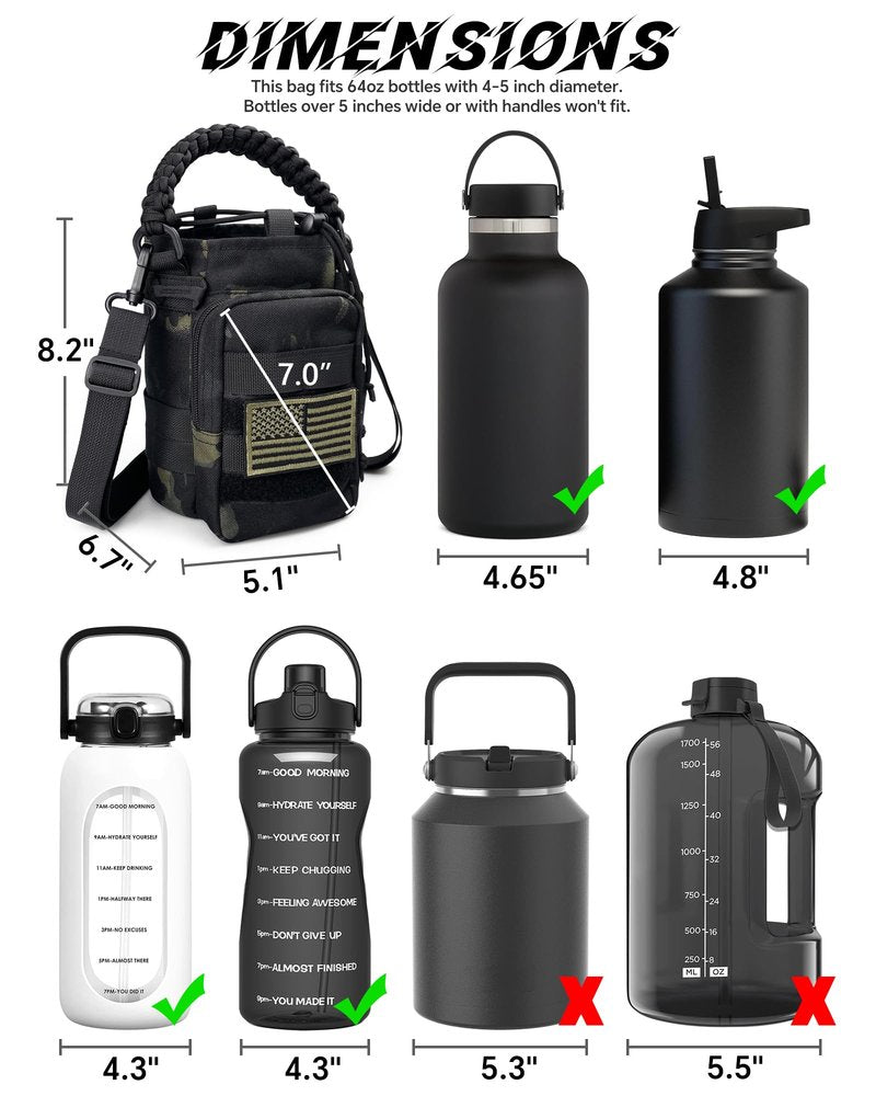 DEFUNX 64 Oz Water Bottle Sleeve - Water Jug Holder with Strap Cross-Body Bottle Carrier with MOLLE System Tactical Military Style Bag Camo Black