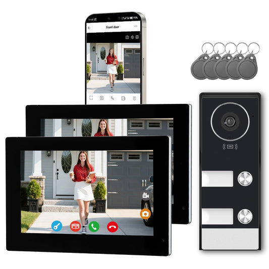 KeonBell Smart Home Video Intercom System,Wired Video Doorbell with 2X 7-inch Touch Screens,Remode Unlocking via App/RFID,Two-Way Audio,Night Vision,WIFI6 2.4/5GHz,2 Unit Household