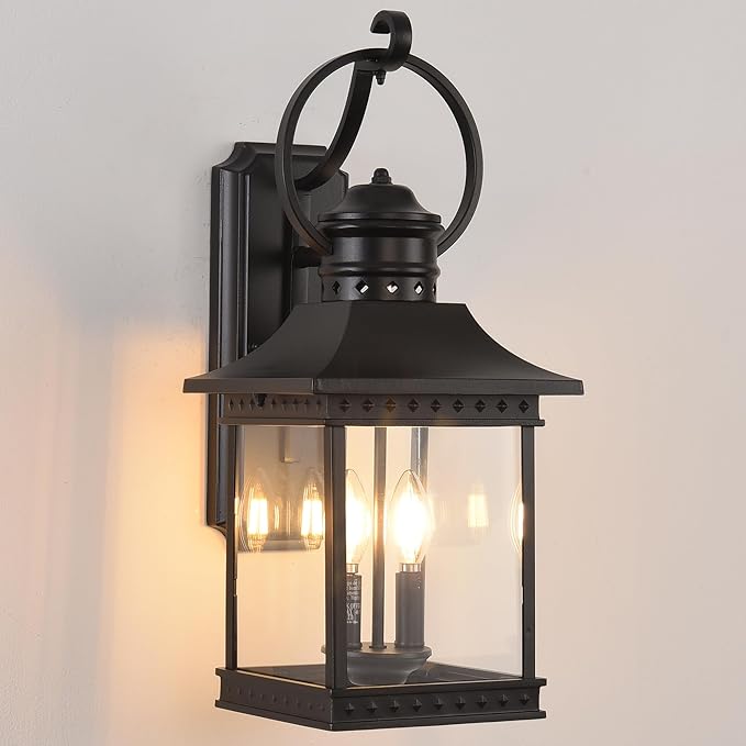 Outdoor Lanterns, 21.5" H Large Exterior Sconce Lights, 2-Light Black Outdoor Wall Light Fixtures with Clear Glass for Porch Patio Farmhouse