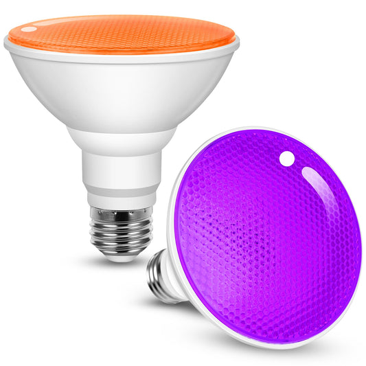 JandCase Orange and Purple Halloween Light Bulbs Outdoor, LED PAR30 Flood Lights 12W(100W Equivalent), E26 Colored Light Bulbs for Porch Lighting, Party Decor, Courtyard, Not-Dimmable, 2 Pack