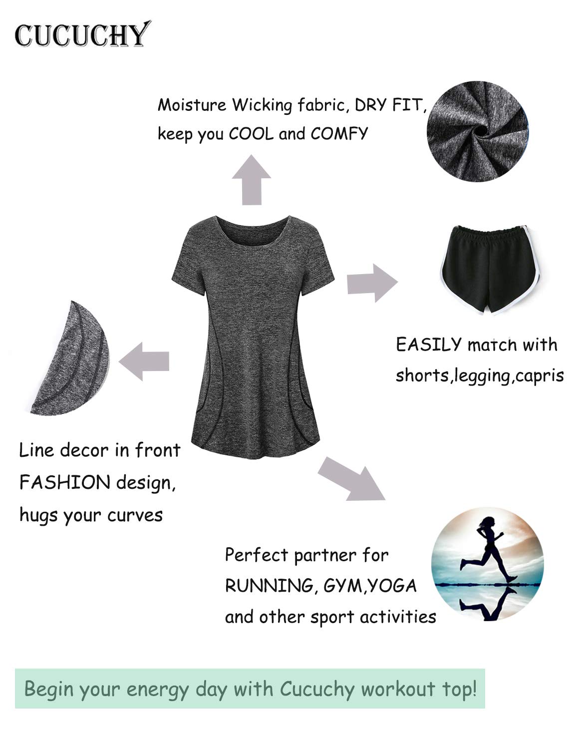 Fitness Yoga Shirts Tops for Women,Cucuchy Juniors Workout Clothes Cute Short Sleeve Round Neck Casual Tee Shirt Flowy Athletic Wear Fast Fit Hiking Running Sport Clothing Funny Outfit Black M